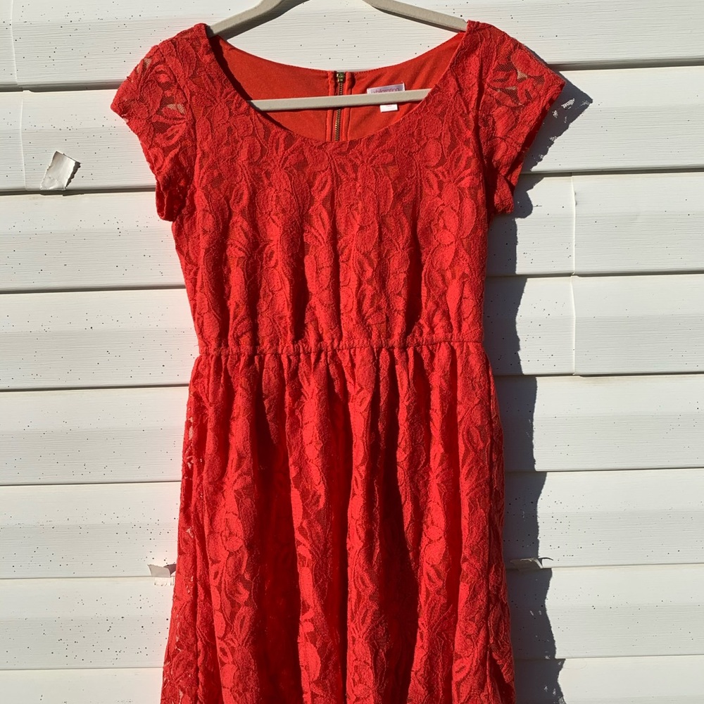 red-orange lace dress